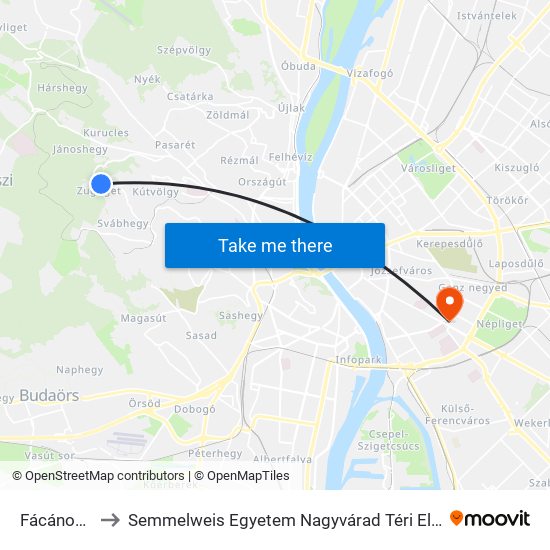 Fácános Tér to Semmelweis Egyetem Nagyvárad Téri Elméleti Tömb map