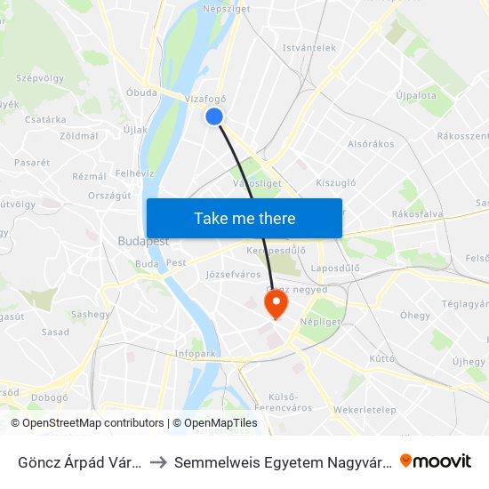 Göncz Árpád Városközpont M to Semmelweis Egyetem Nagyvárad Téri Elméleti Tömb map