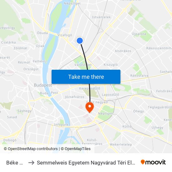 Béke Utca to Semmelweis Egyetem Nagyvárad Téri Elméleti Tömb map