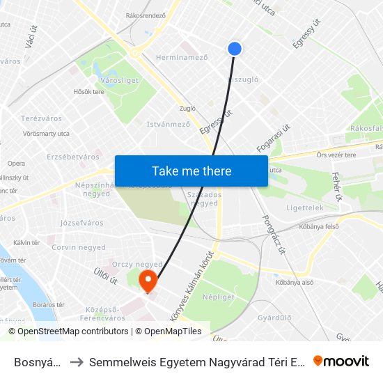 Bosnyák Tér to Semmelweis Egyetem Nagyvárad Téri Elméleti Tömb map