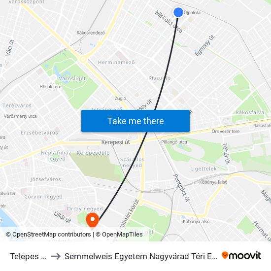 Telepes Utca to Semmelweis Egyetem Nagyvárad Téri Elméleti Tömb map