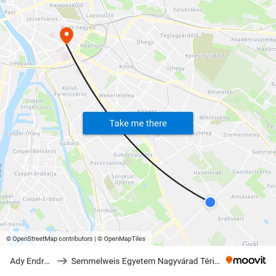 Ady Endre Utca to Semmelweis Egyetem Nagyvárad Téri Elméleti Tömb map