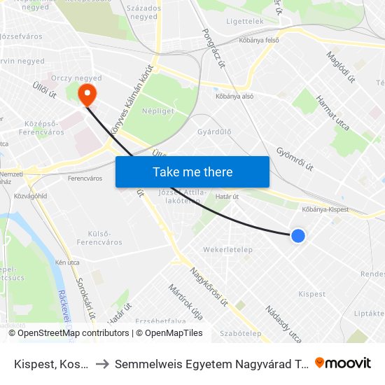 Kispest, Kossuth Tér to Semmelweis Egyetem Nagyvárad Téri Elméleti Tömb map