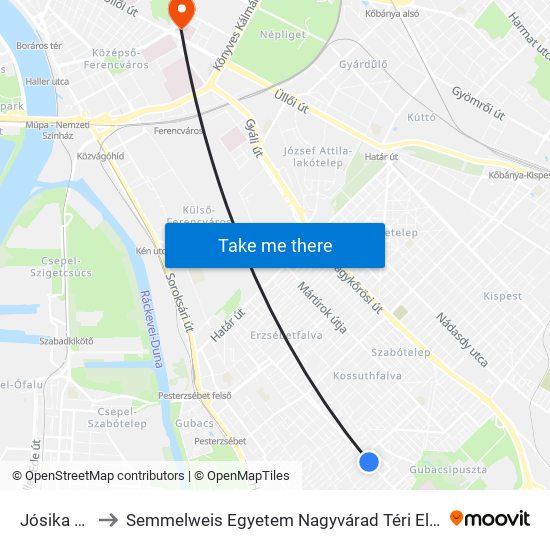 Jósika Utca to Semmelweis Egyetem Nagyvárad Téri Elméleti Tömb map