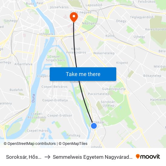 Soroksár, Hősök Tere H to Semmelweis Egyetem Nagyvárad Téri Elméleti Tömb map