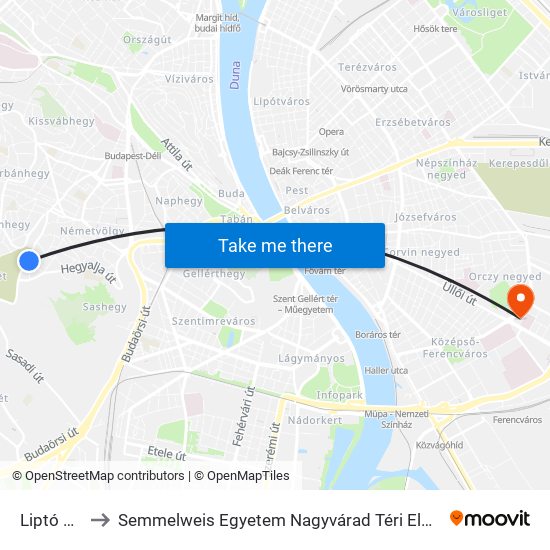 Liptó Utca to Semmelweis Egyetem Nagyvárad Téri Elméleti Tömb map