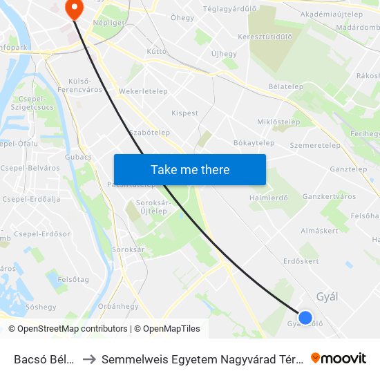 Bacsó Béla Utca to Semmelweis Egyetem Nagyvárad Téri Elméleti Tömb map