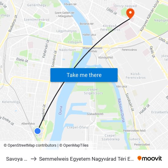 Savoya Park to Semmelweis Egyetem Nagyvárad Téri Elméleti Tömb map