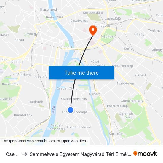 Csepel to Semmelweis Egyetem Nagyvárad Téri Elméleti Tömb map