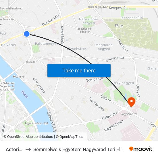 Astoria M to Semmelweis Egyetem Nagyvárad Téri Elméleti Tömb map