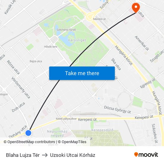 Blaha Lujza Tér to Uzsoki Utcai Kórház map