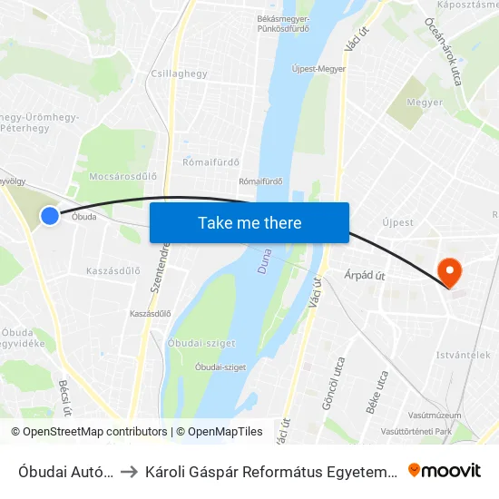 Óbudai Autóbuszgarázs to Károli Gáspár Református Egyetem Állam- És Jogtudományi Kar map