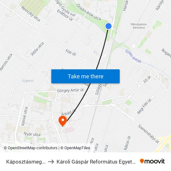 Káposztásmegyer, Szilas-Patak to Károli Gáspár Református Egyetem Állam- És Jogtudományi Kar map