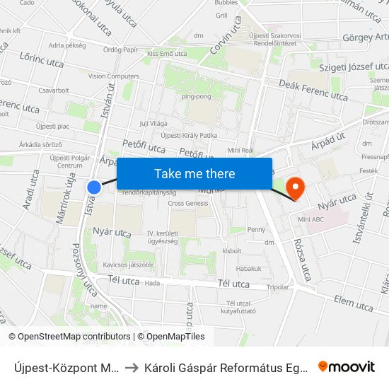 Újpest-Központ M (Munkásotthon Utca) to Károli Gáspár Református Egyetem Állam- És Jogtudományi Kar map