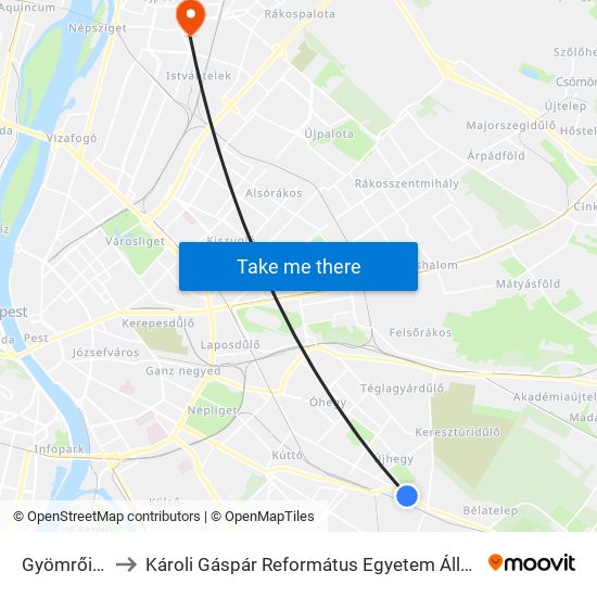Gyömrői Út 156. to Károli Gáspár Református Egyetem Állam- És Jogtudományi Kar map