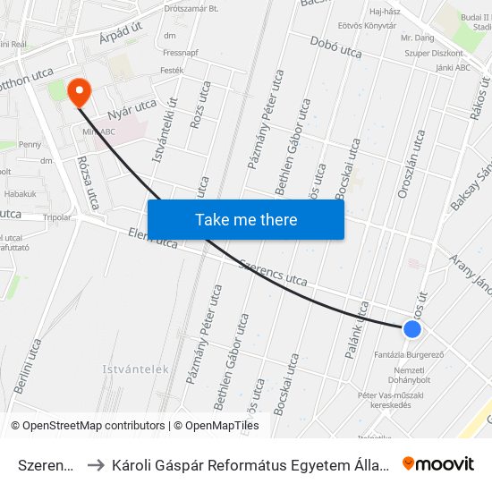 Szerencs Utca to Károli Gáspár Református Egyetem Állam- És Jogtudományi Kar map