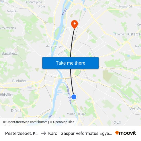 Pesterzsébet, Kossuth Lajos Utca to Károli Gáspár Református Egyetem Állam- És Jogtudományi Kar map