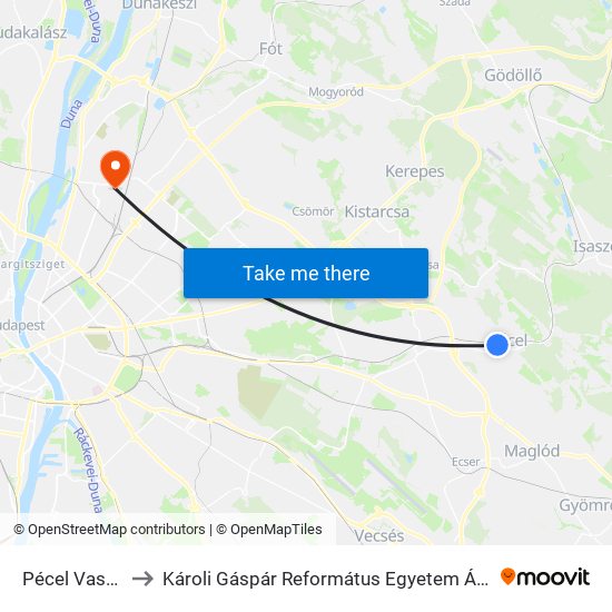 Pécel Vasútállomás to Károli Gáspár Református Egyetem Állam- És Jogtudományi Kar map