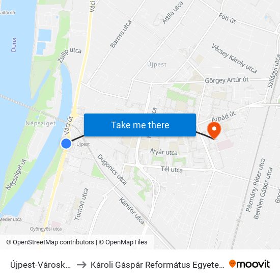 Újpest-Városkapu M (Váci Út) to Károli Gáspár Református Egyetem Állam- És Jogtudományi Kar map