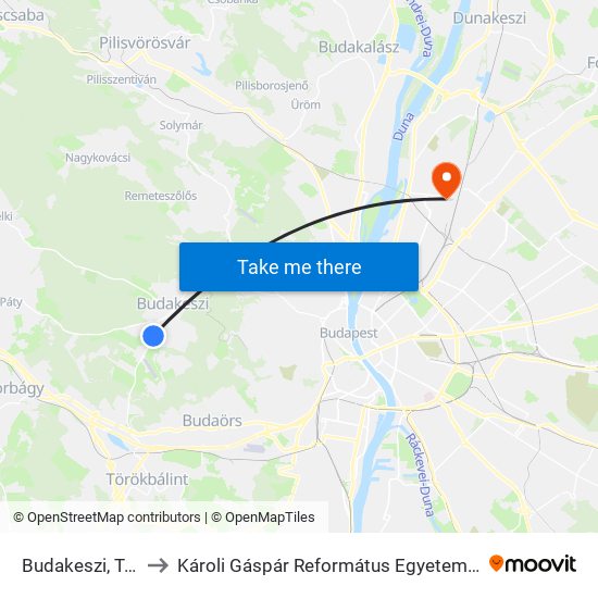 Budakeszi, Tesco Áruház to Károli Gáspár Református Egyetem Állam- És Jogtudományi Kar map