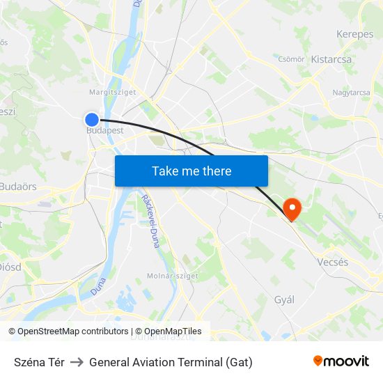 Széna Tér to General Aviation Terminal (Gat) map