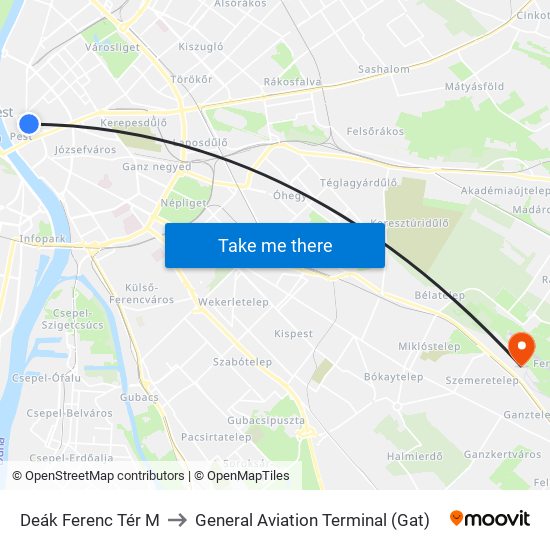 Deák Ferenc Tér M to General Aviation Terminal (Gat) map