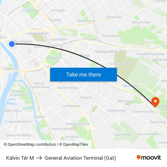 Kálvin Tér M to General Aviation Terminal (Gat) map