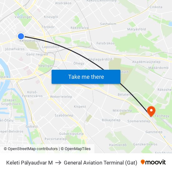 Keleti Pályaudvar M to General Aviation Terminal (Gat) map