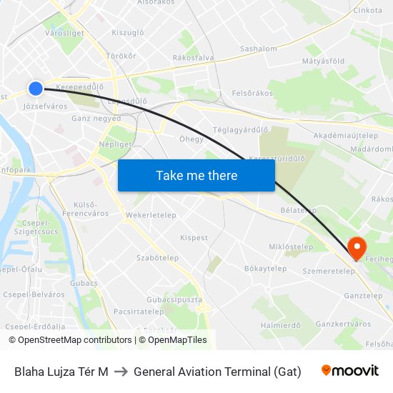 Blaha Lujza Tér M to General Aviation Terminal (Gat) map
