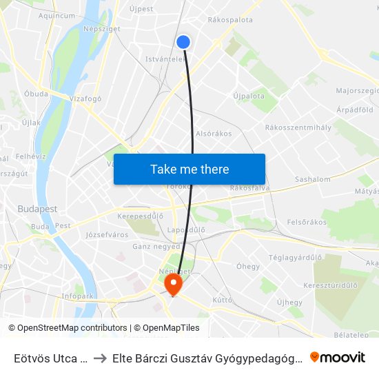 Eötvös Utca 74. to Elte Bárczi Gusztáv Gyógypedagógiai Kar map