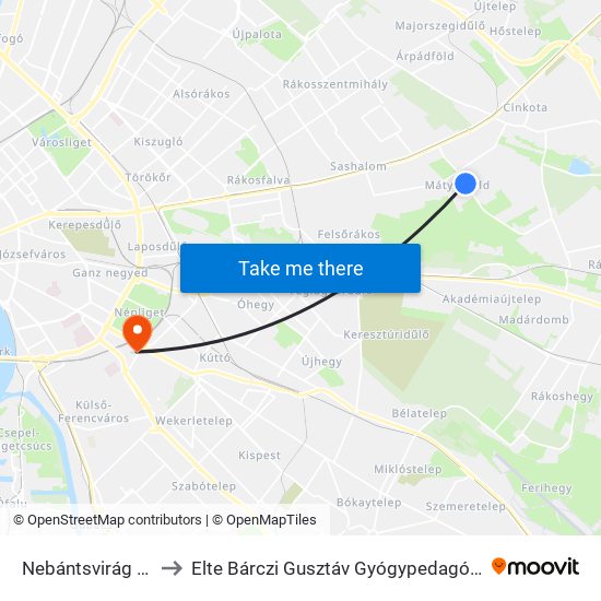 Nebántsvirág Utca to Elte Bárczi Gusztáv Gyógypedagógiai Kar map