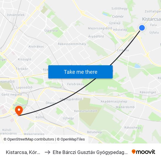 Kistarcsa, Kórház H to Elte Bárczi Gusztáv Gyógypedagógiai Kar map