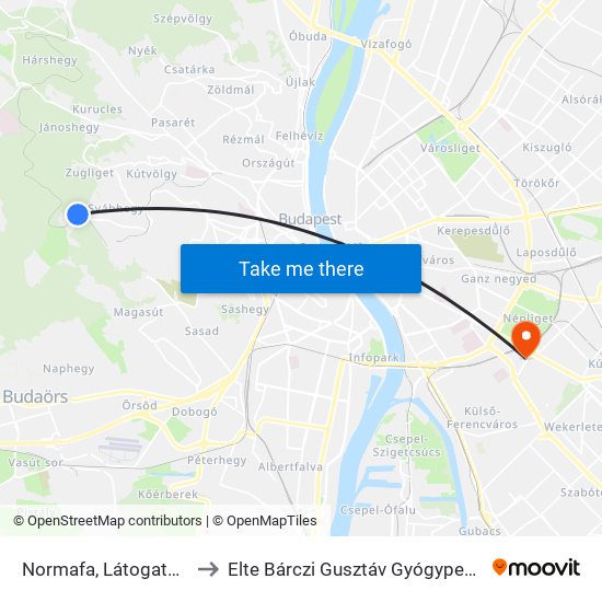 Normafa, Látogatóközpont to Elte Bárczi Gusztáv Gyógypedagógiai Kar map