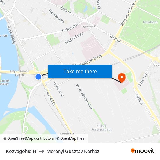 Közvágóhíd H to Merényi Gusztáv Kórház map