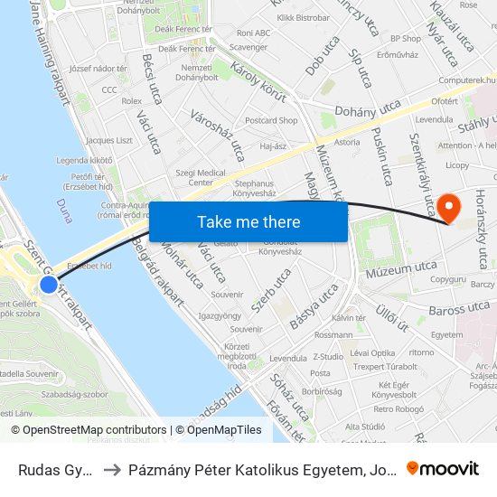 Rudas Gyógyfürdő to Pázmány Péter Katolikus Egyetem, Jog- És Államtudományi Kar map