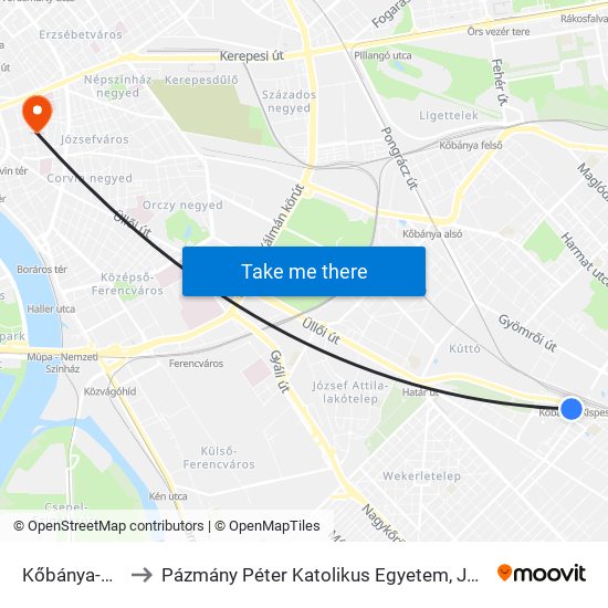 Kőbánya-Kispest M to Pázmány Péter Katolikus Egyetem, Jog- És Államtudományi Kar map