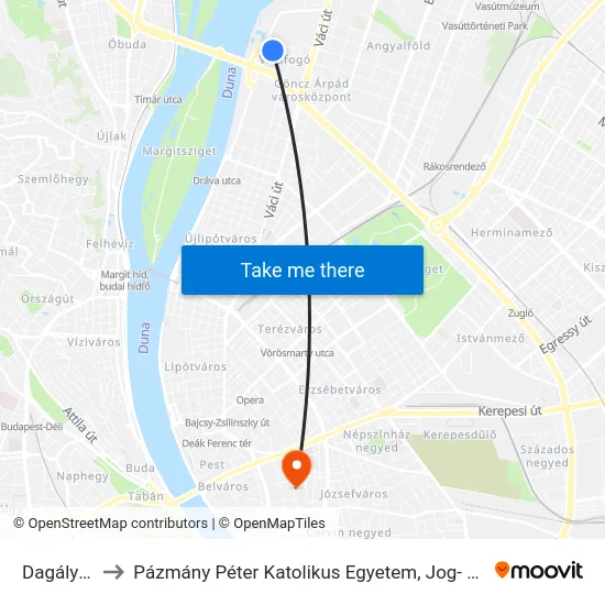 Dagály Fürdő to Pázmány Péter Katolikus Egyetem, Jog- És Államtudományi Kar map