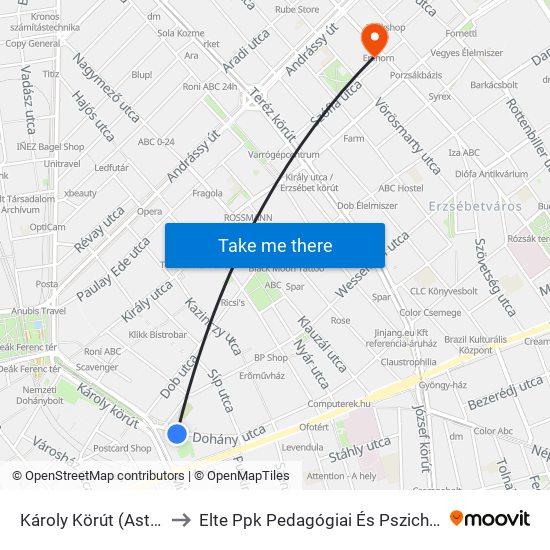 Károly Körút (Astoria M) to Elte Ppk Pedagógiai És Pszichológiai Kar map