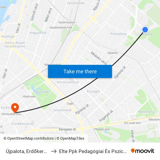 Újpalota, Erdőkerülő Utca to Elte Ppk Pedagógiai És Pszichológiai Kar map