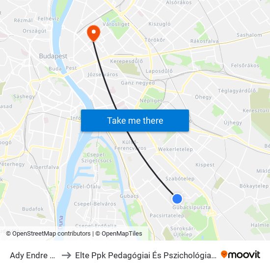 Ady Endre Tér to Elte Ppk Pedagógiai És Pszichológiai Kar map