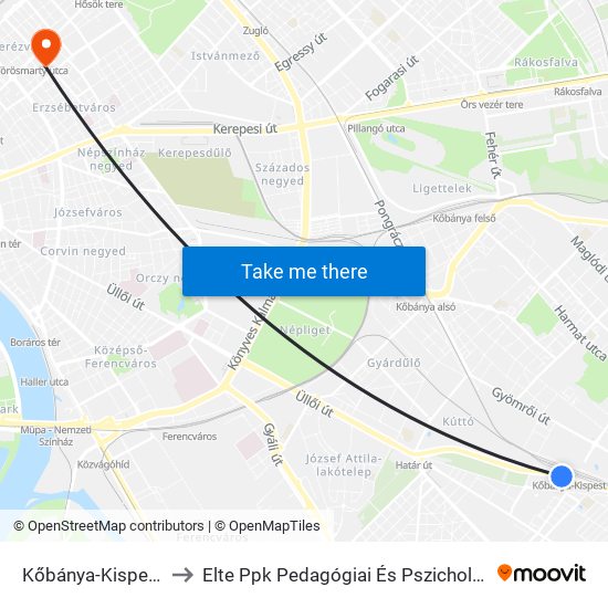 Kőbánya-Kispest [D] to Elte Ppk Pedagógiai És Pszichológiai Kar map