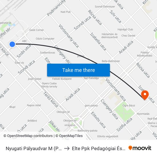 Nyugati Pályaudvar M (Podmaniczky Utca) to Elte Ppk Pedagógiai És Pszichológiai Kar map