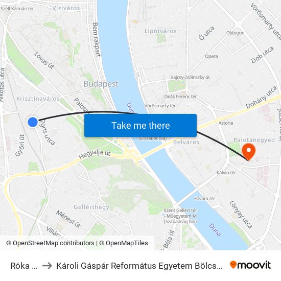 Róka Utca to Károli Gáspár Református Egyetem Bölcsészettudományi Kar map