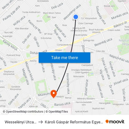 Wesselényi Utca / Erzsébet Körút to Károli Gáspár Református Egyetem Bölcsészettudományi Kar map