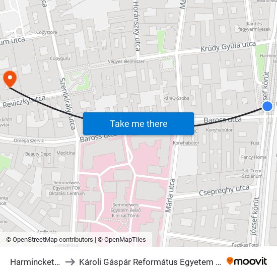 Harminckettesek Tere to Károli Gáspár Református Egyetem Bölcsészettudományi Kar map