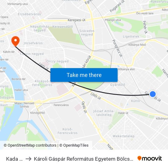 Kada Utca to Károli Gáspár Református Egyetem Bölcsészettudományi Kar map