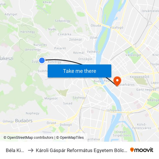 Béla Király Út to Károli Gáspár Református Egyetem Bölcsészettudományi Kar map