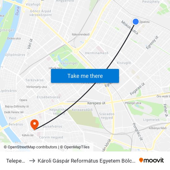 Telepes Utca to Károli Gáspár Református Egyetem Bölcsészettudományi Kar map