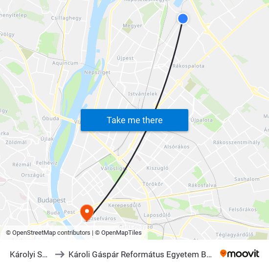 Károlyi Sándor Út to Károli Gáspár Református Egyetem Bölcsészettudományi Kar map