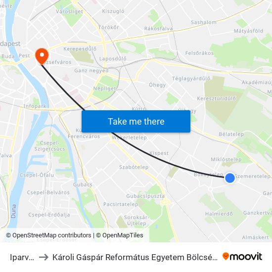 Iparvasút to Károli Gáspár Református Egyetem Bölcsészettudományi Kar map